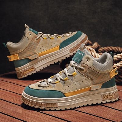 Autumn Fashion Leather Splicing High-Top Board Shoes Breathable And Comfortable Thick-Soled Heightening Lace-Up Sneakers Men'S Shoes