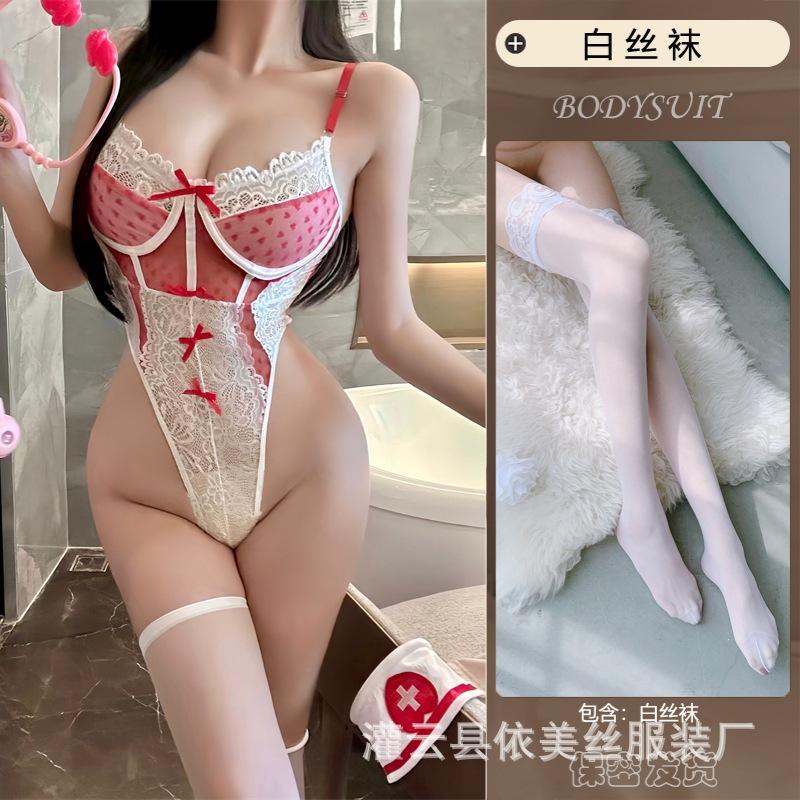 Man Desire Sexy Lingerie Pure Desire Nurse Uniform Lace Bow Heart Perspective Onesie Sexy Suit 9276