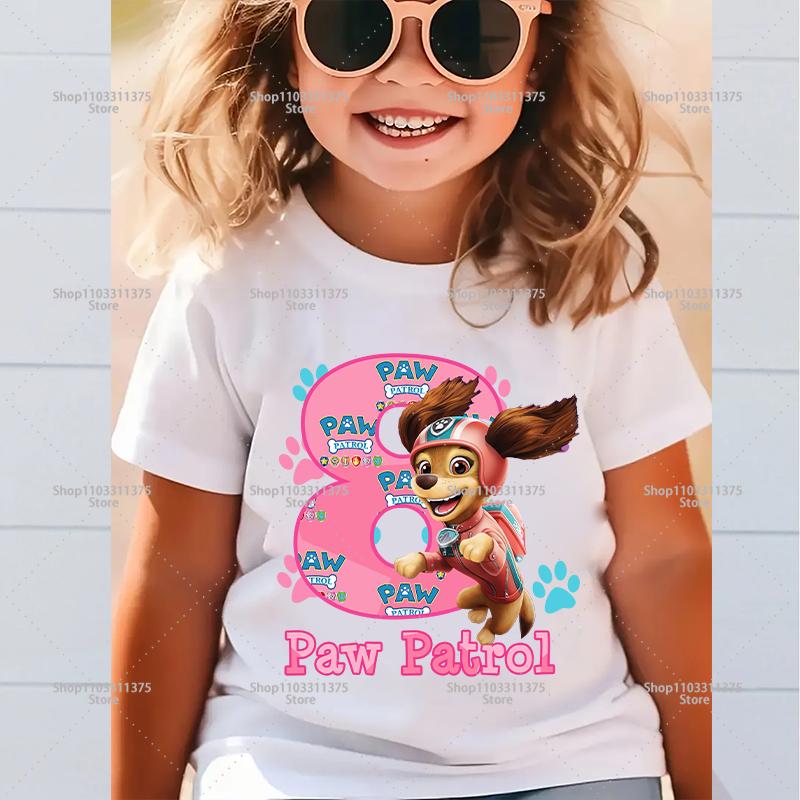 Süßes PAW Patrol Zahlen-T-Shirt Cartoon Mädchen Kleidung Kurzarm Sommer Kleinkind Baumwolle Geburtstag Kinder Outfit Outdoor Kleidung Geschenke