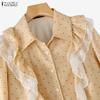 ZANZEA Women Casual Turn Down Collar Long Sleeve Lace Splice Print Blouse