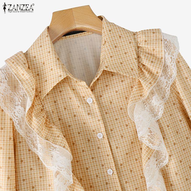 ZANZEA Women Casual Turn Down Collar Long Sleeve Lace Splice Print Blouse