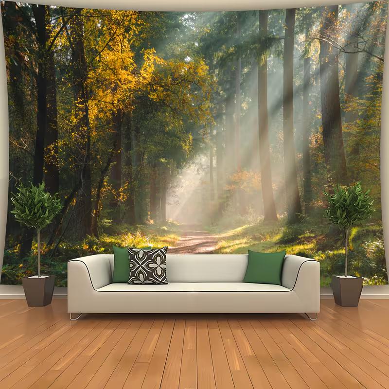 2D Green & Gold Forest Tapestry Morning Sunlight Wall Background Cloth