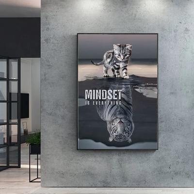 Animal Canvas Painting Cat and Tiger Mindset Is Everything Motivation Modern Canvas Wall Art Inspirational Quote Print On Canvas