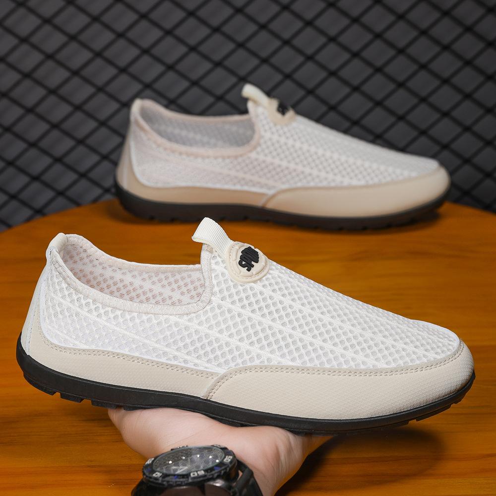 

Mesh men s shoes casual shoes simple little white shoes summer fly-woven hollow breathable Doudou shoes lazy shoes one pedal shoes 45 бежевий