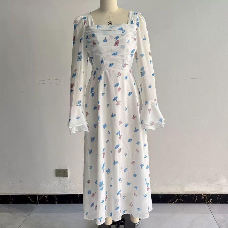

Fashion Temperament Waist-Controlled Square Collar Flare Sleeve Floral Dress Printed Flared Sleeve Dress White 2XL