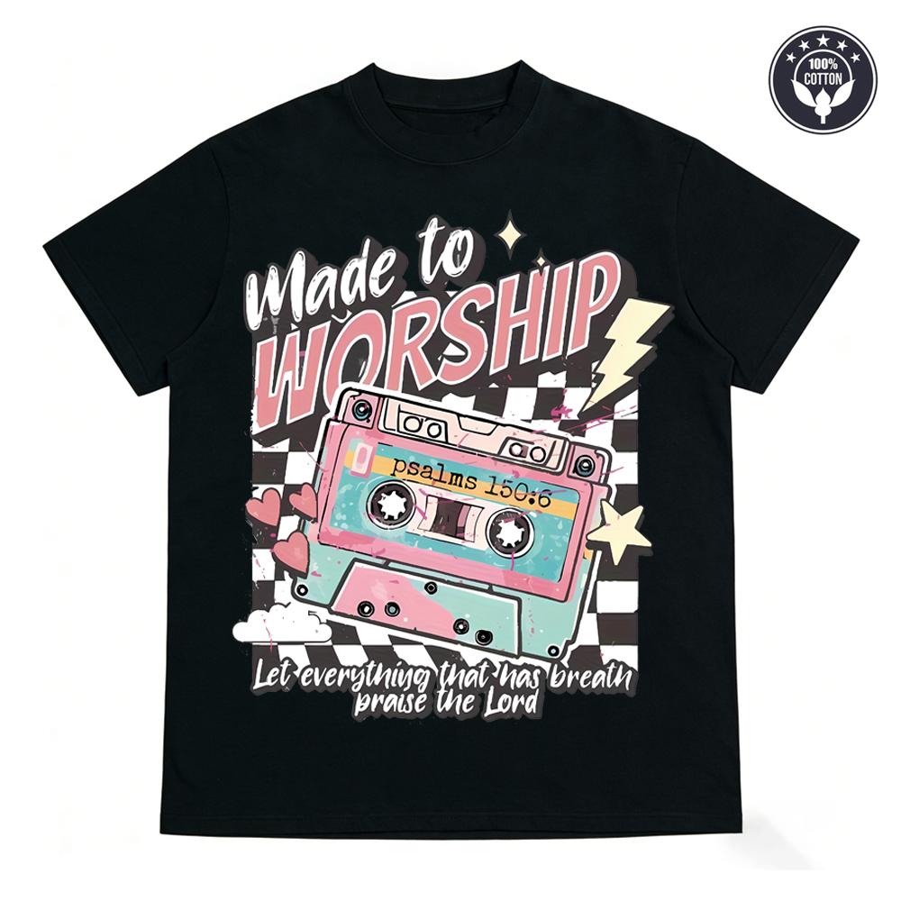 Vintage Cassette Print T-Shirt Made to Worship Psalm 150:6 Slogan Unisex Casual Round Neck Short Sleeve Men Women 100% Cotton S