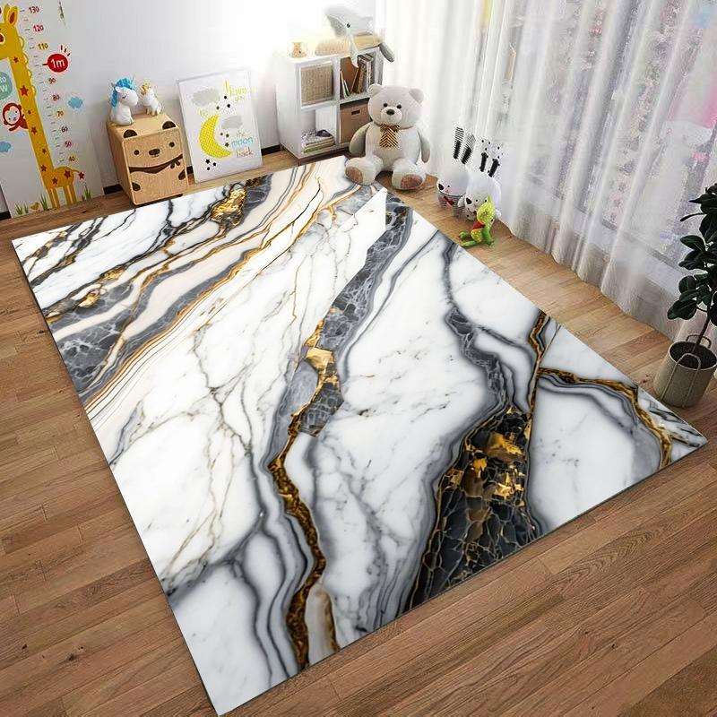 Marble Design Carpet with White, Black, and Gold Streaks for Bedroom Suitable for use as an anti-slip for living room bedroom sofas