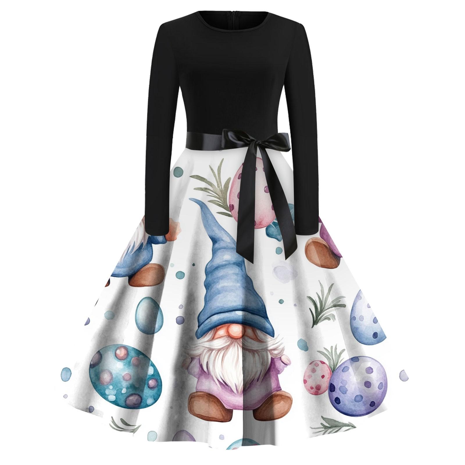 

Женские платья модные повседневные облегающие платья с круглым вырезом и принтом на Пасху с длинным рукавом XL синий