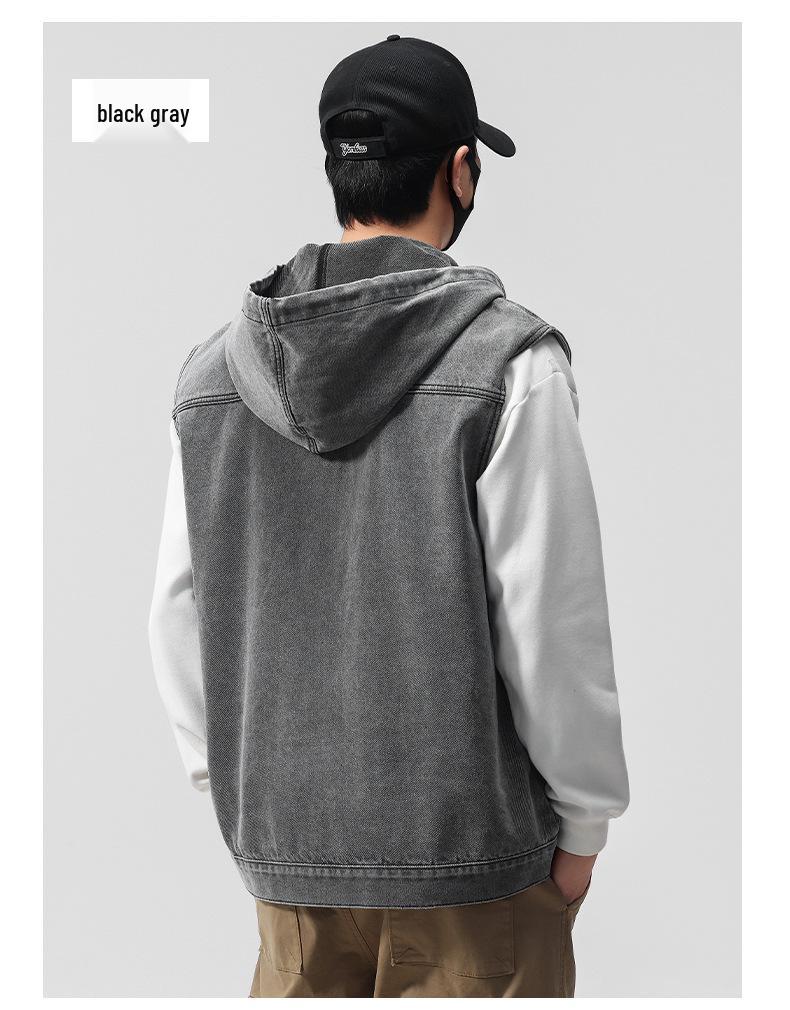 Gilet Giacca di Jeans con Cappuccio Retro Americano da Uomo - Casual, Alta Qualità, Vestibilità Larga per Primavera e Autunno