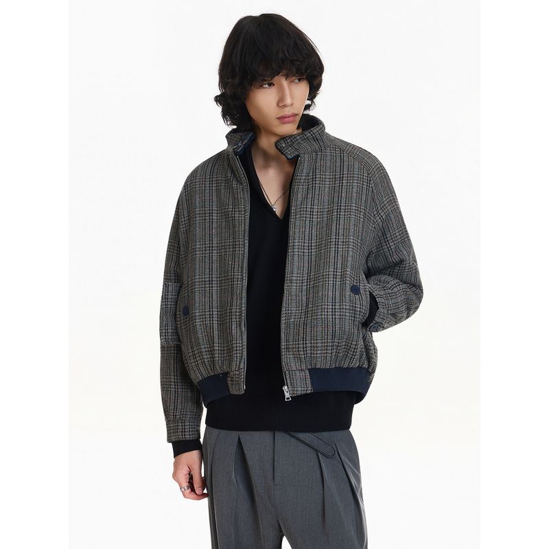 Blaexit Old Money Style Houndstooth Harrington Wool Jacket Men's Thickened Autumn and Winter Short Cotton Coat