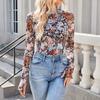 Kadın Çiçekli File Uzun Kollu Üstler Şeffaf Balıkçı Yaka Katmanlı Gömlek Dar Kesim Sonbahar İlkbahar Dışarı Çıkma Kıyafeti