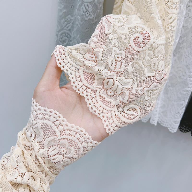 Women Summer Ice Silk Lace Arm Sleeve Elastic Sleeve Driving Gloves Black White Long Fingerless Mittens Sunscreen Glove
