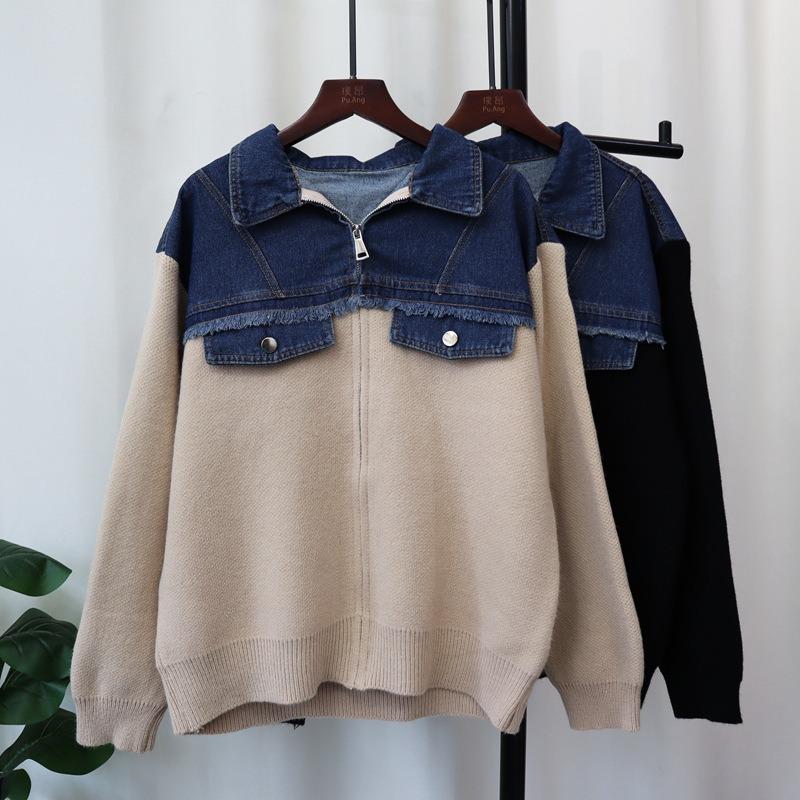 Autumn and winter new splicing denim knitted cardigan loose casual versatile zipper sweater jacket women