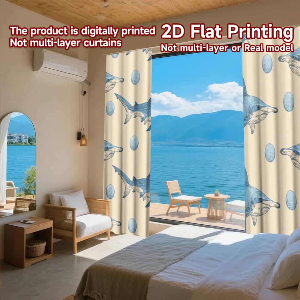 2D FLAT PRINTING 2pcs Curtains (Without Rod) Funny Shark Illustration Holiday April Fools is Day Printed Curtains Versatile