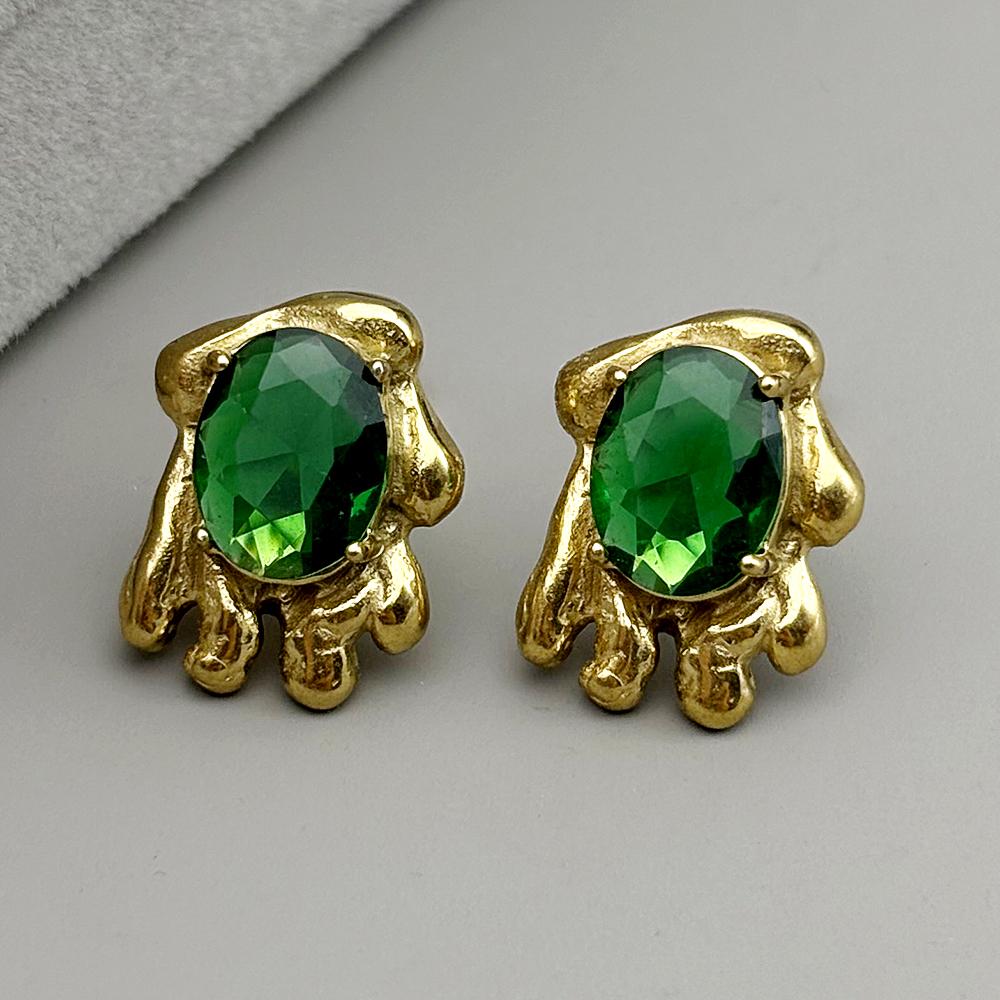 Retro Gold Color Stainless Steel Green Glass Geometric Stud Earrings for Women Men Irregular Earrings Statement Jewelry Gift