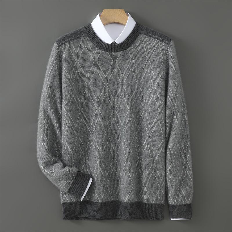 Men's Pure Wool Diamond Pattern Round Neck Loose Knit Sweater - Autumn/Winter Pullover