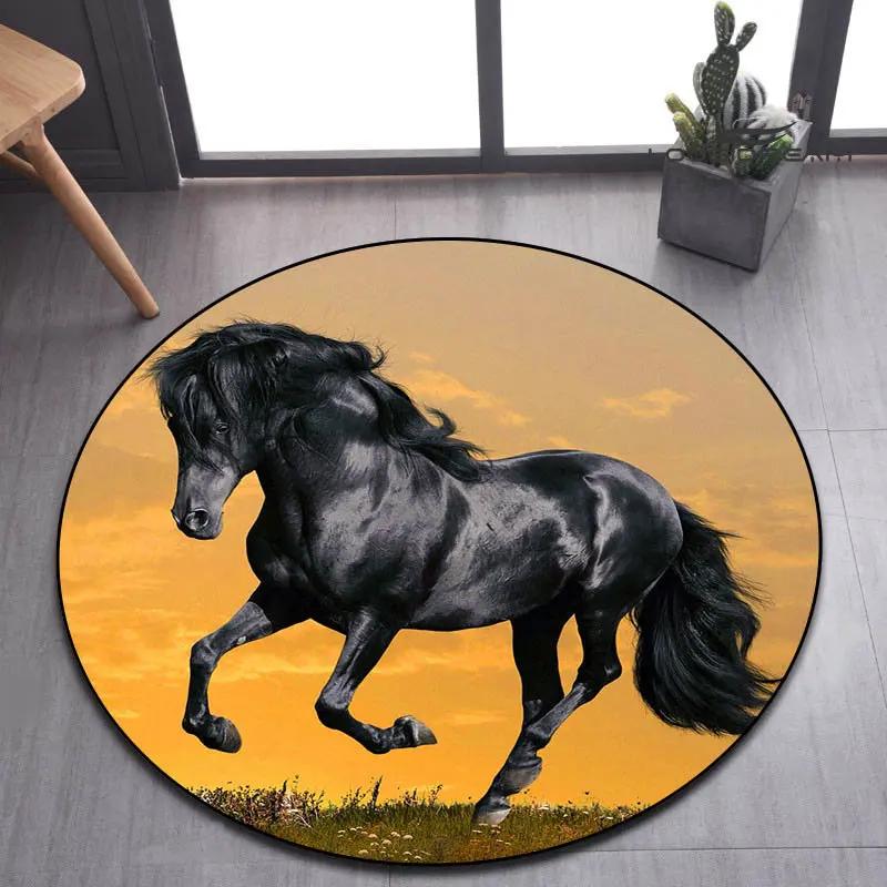 3D Running Horses Round Carpet Non-slip Mat Luxury Wild Horse Area Rug for Game Room Bedroom Decoration
