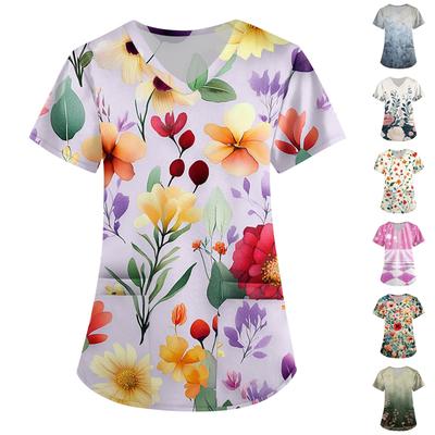 Women's Cute Printed Work Clothes V-neck Double Layer Pockets Basic Short Sleeve Top Pullover Valentines