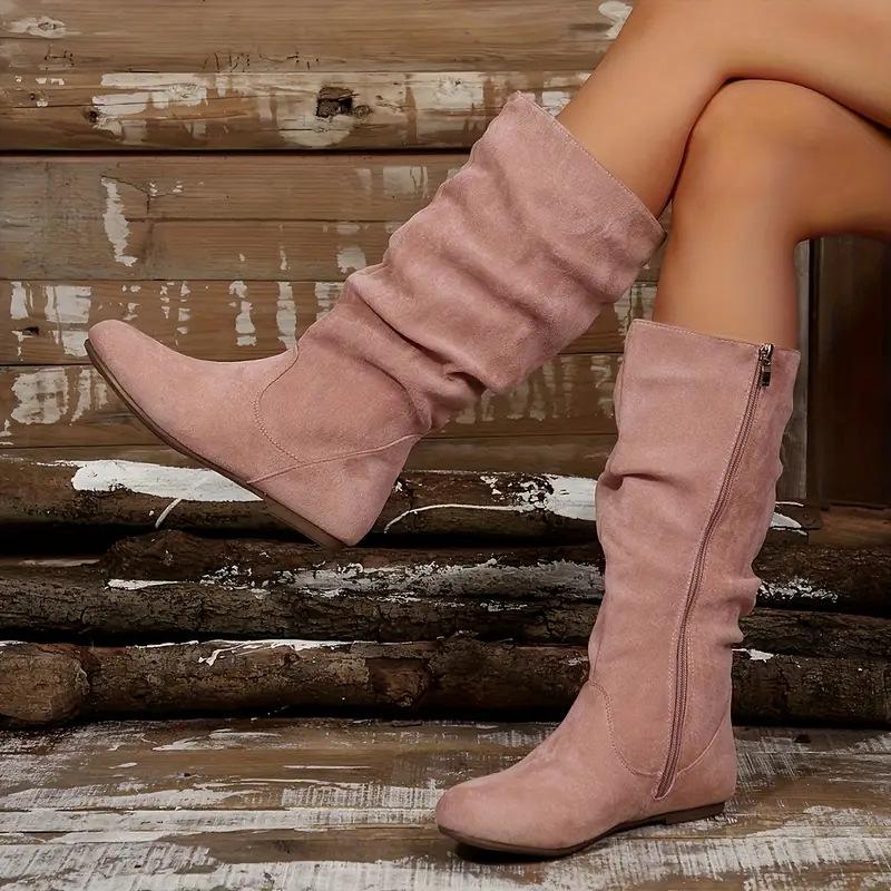 Spring Autumn New Women's Wrinkled Round Toe Flat Heel Side Zipper High-Top Casual Fashion Boots Elegant Versatile