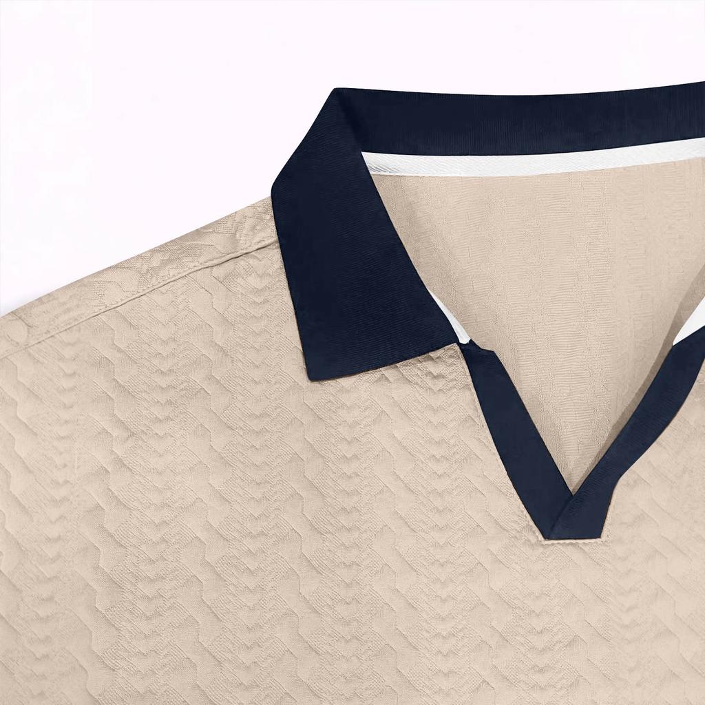 Men's Jacquard Knit Polo Shirt Short Sleeve Slim Fit V Neck Casual Summer Top with Contrast Collar and Cuffs
