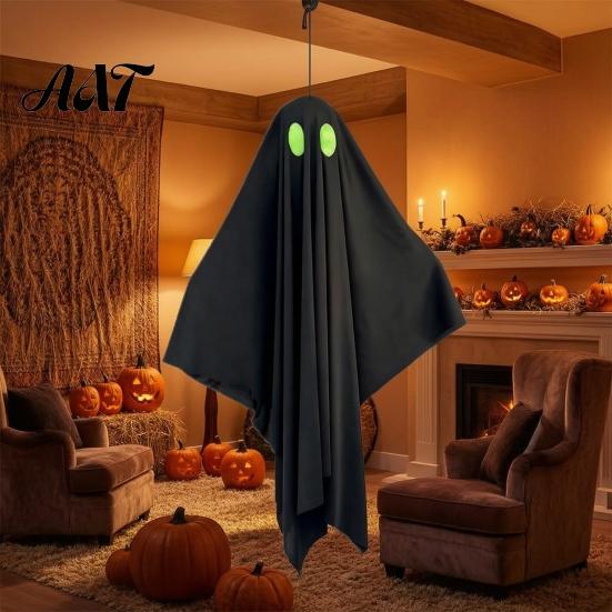 Hanging Ghost Props Halloween Outdoor Decoration, Spooky Black Fabric with Green Yard Atmosphere Eyes for Outside Tree, Porch, Yard, Lawn, Haunted