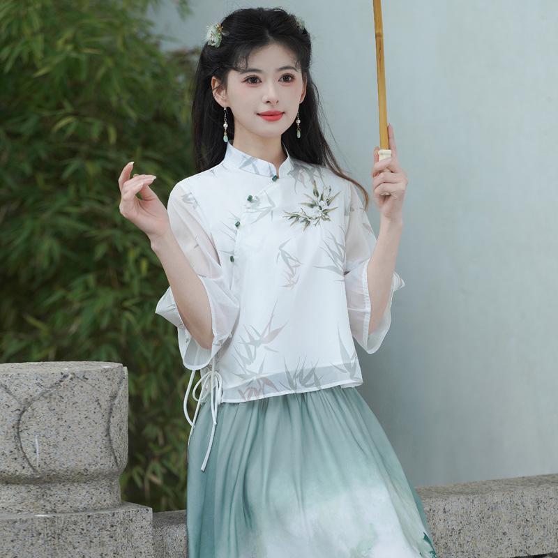 Chinese Style Retro Stand Collar Print Tang Suit Hanfu Cheongsam Top & Tea Suit Set