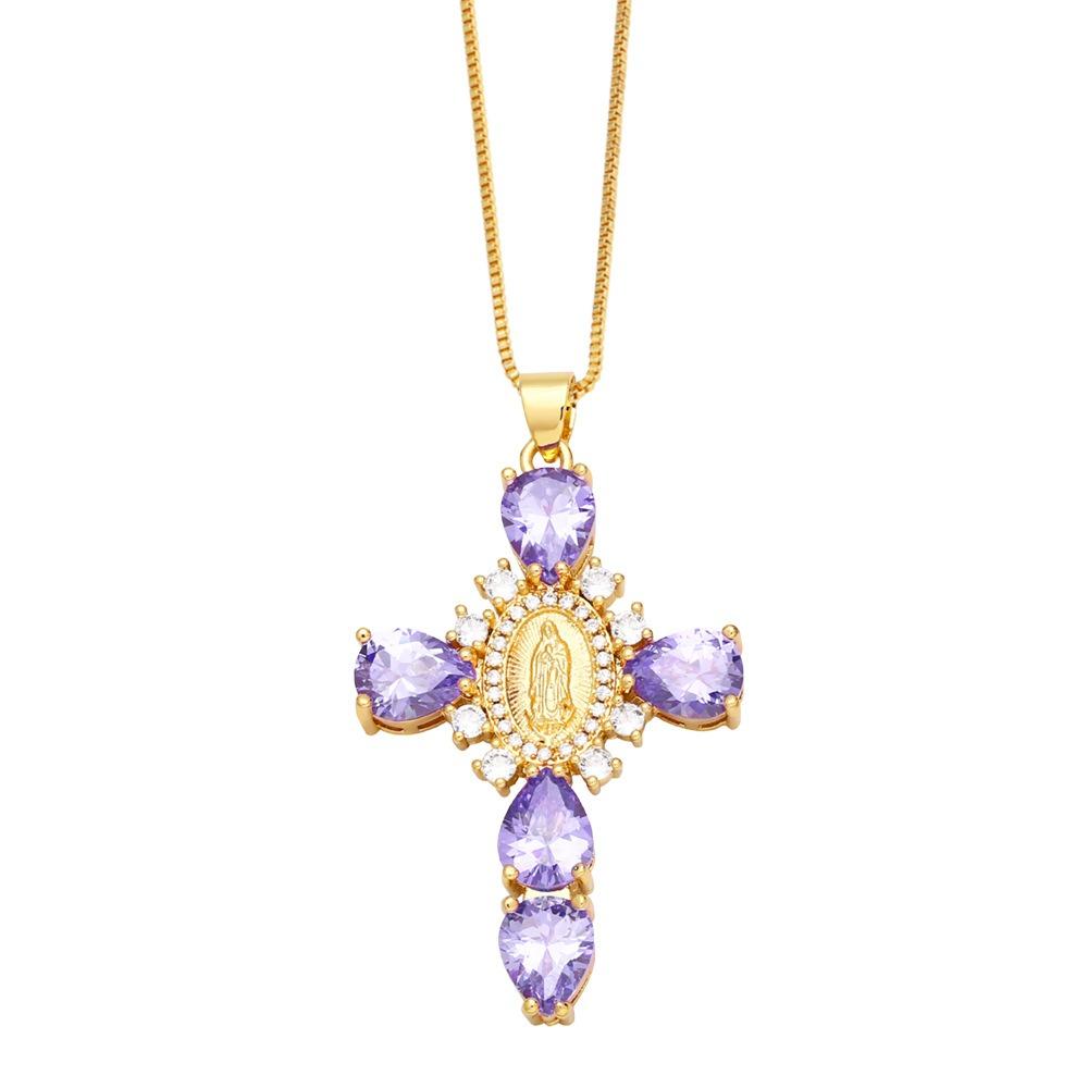 Light Zircon Cross Necklace Retro European Style Crucifix Pendant Chain  Church