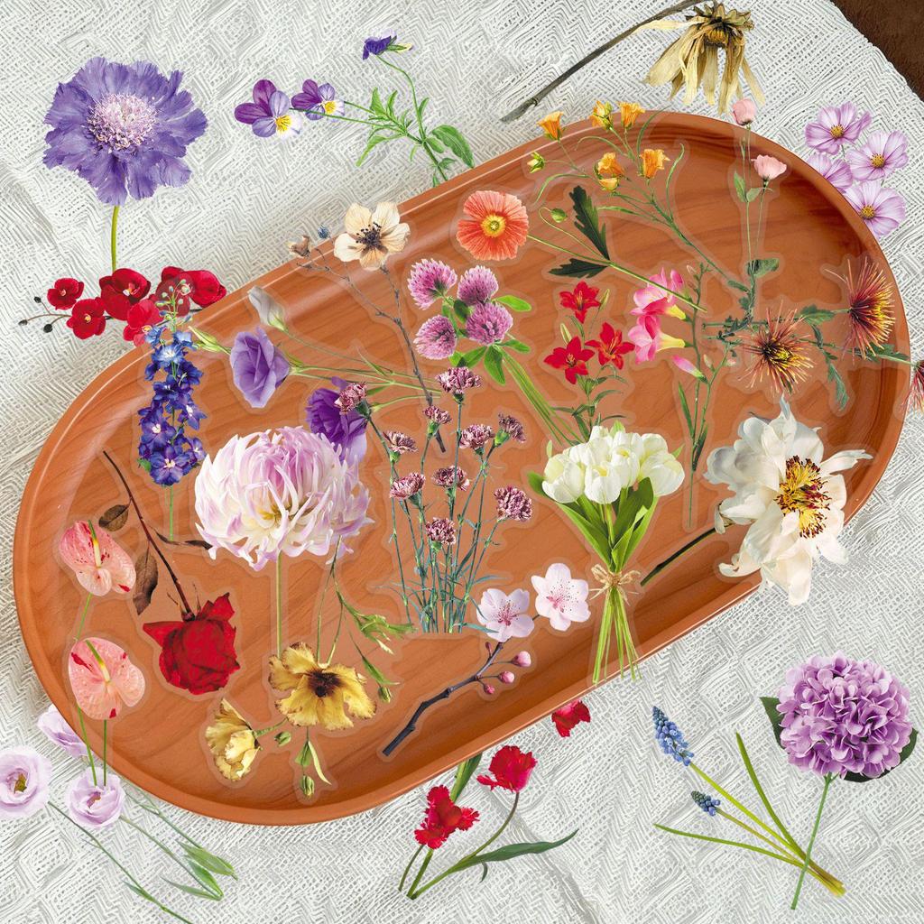50 Sheets Flower Cartoon PET Stickers - Waterproof, No-Cut, Transparent for Phone Cases, Planners, and Crafts