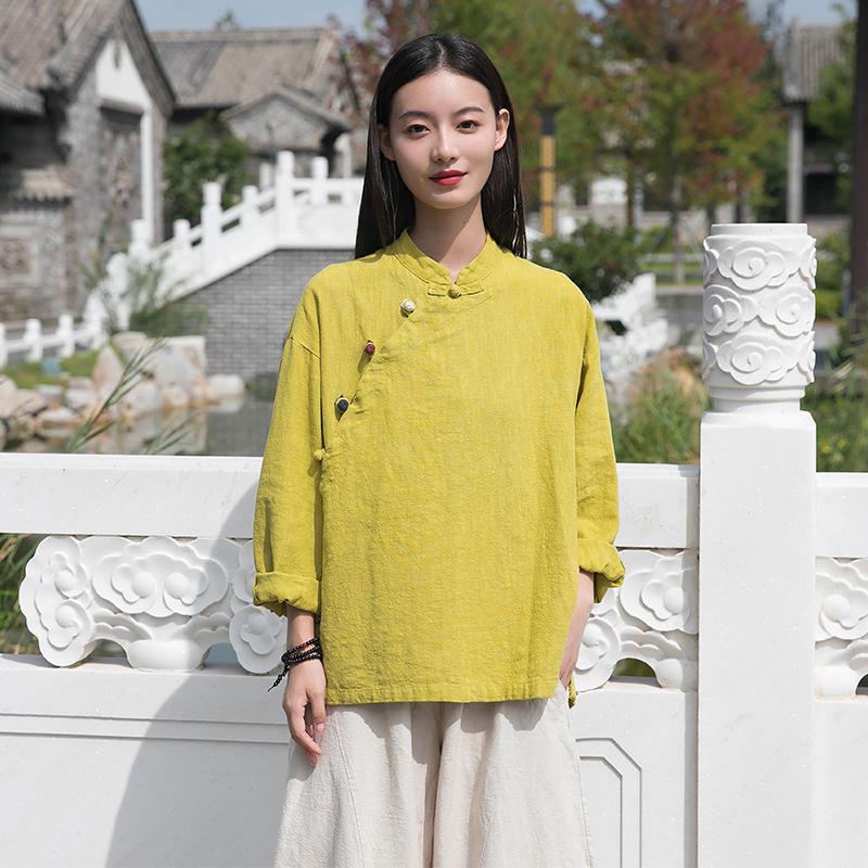 Spring 2026 Women's Zen Tea Ceremony Shirt: Chinese Style, Stand Collar, Color Blocked Cotton Linen