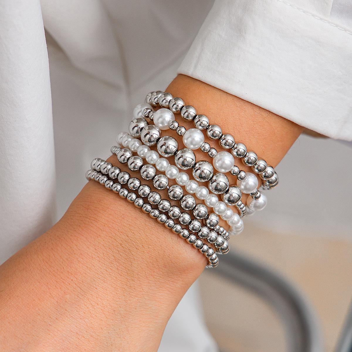 

Europe, America, Baroque pearl beaded multi-layer bracelet, retro CCB round bead elastic bracelet set