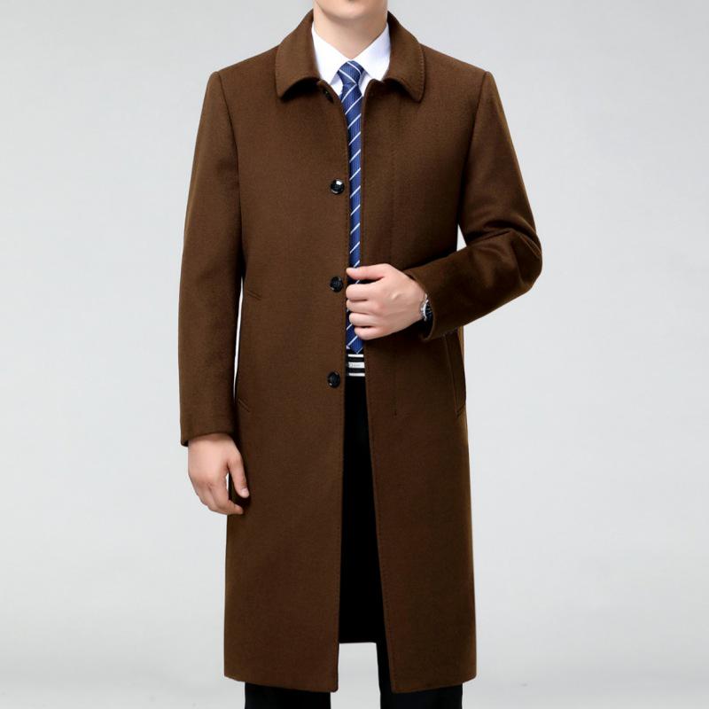 Men's Long Cashmere Coat, Below-Knee, Autumn-Winter Thick Wool Trench for Middle-Aged and Elderly.