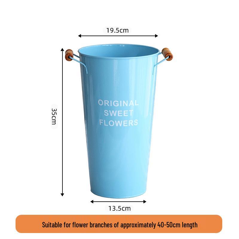 Blue Wooden Handle Decorative Tin Flower Bucket for Fresh Arranging - High Capacity Watering & Displaying Iron Bucket