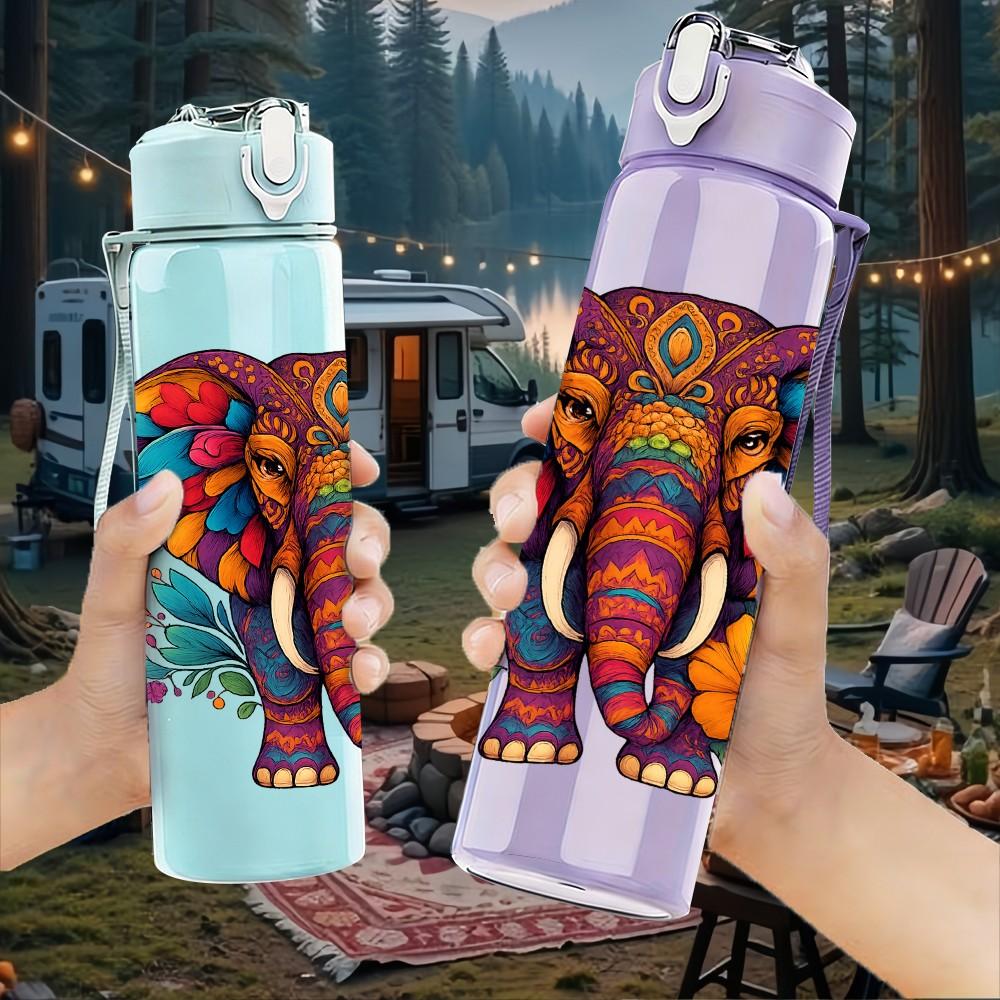 1PC Colorful Floral Elephant 750ml Color Plastic Sports Water Bottle Leakproof Flip Straw Lid Suitable for Sports Office Home Use