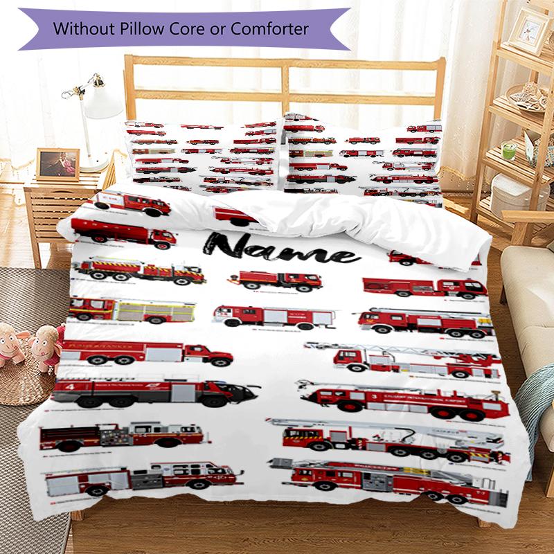 3pcs Custom Name fire truck Bedding Set Duvet Cover Closure Includes 1 Duvet Cover & 2 Pillowcases, Soft and Comfortable for All Seasons.
