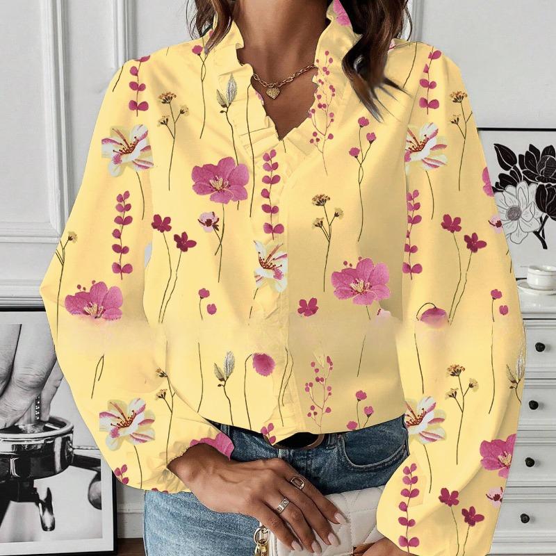 

Модная винтажная цветочная свободная рубашка с длинным рукавом для женщин, повседневные блузки с оборками и V-образным вырезом, элегантные облегающие простые офисные женские рубашки 26502 XL