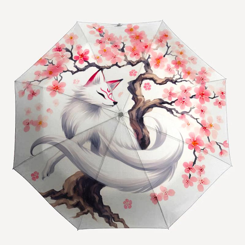 1pc Cherry Blossom Tree and Beautiful White Fox Pattern Automatic Umbrella is Fashionable and Good-Looking, a Portable 3-Fold Umbrella, Suitable