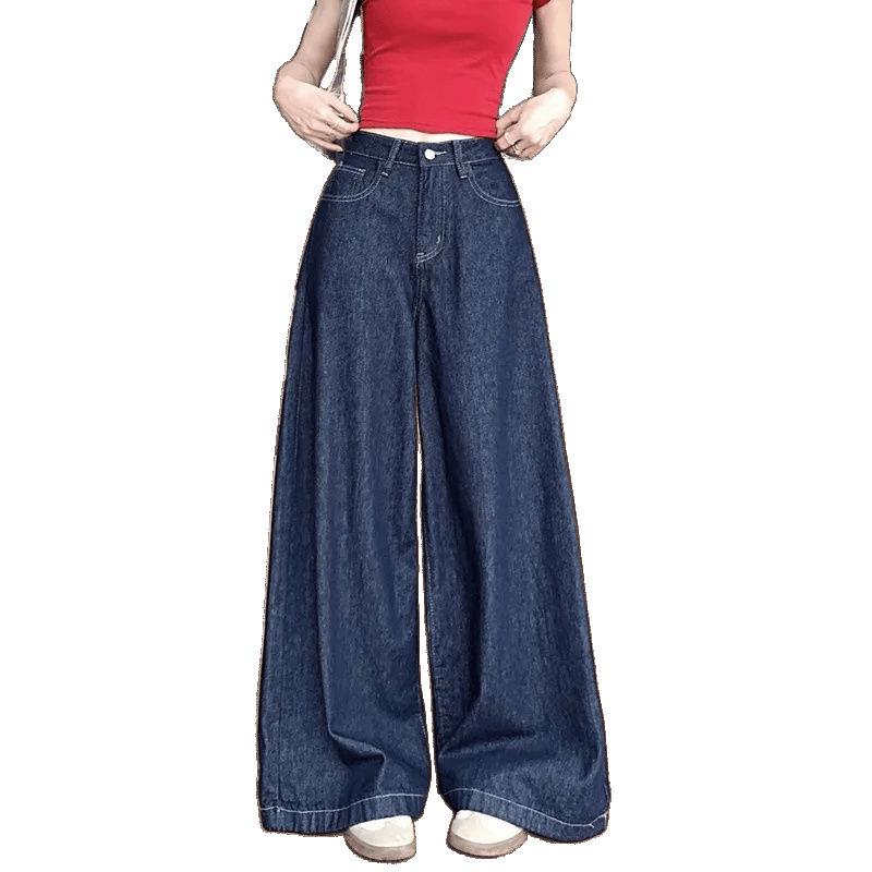 Women's Dark Blue Wide-Leg Jeans - High-Waisted, Slimming, Floor-Length (Spring/Summer 2025 Collection)