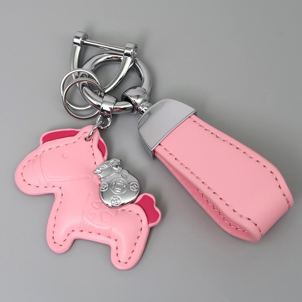 Instant Wealth Leather Keychain with Cartoon Pony Pendant for Couples – Trendy Bag and Car Accessory