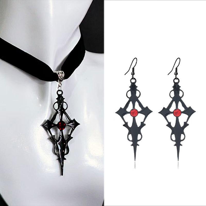Dark Punk-style Diamond-encrusted Cross Earrings Necklace Halloween Party Earrings and Necklaces