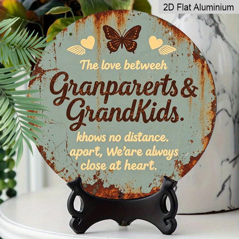 2D Flat, 1pc Round Aluminum Grandparents & Grandkids Love Sign, Vintage Rustic Butterfly & Heart Wall Decor, Waterproof & Durable, Themed Around The