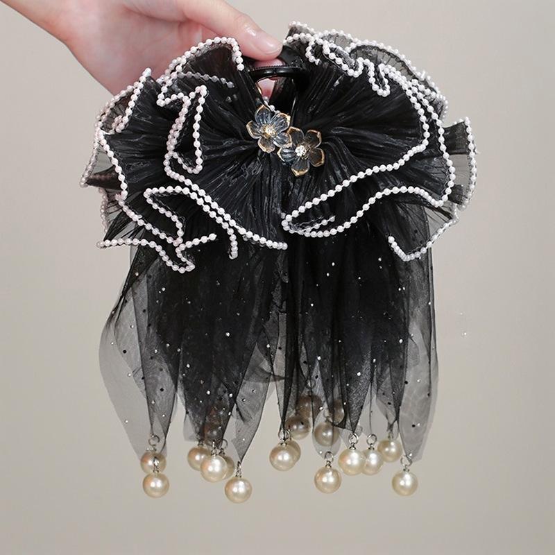 Mesh Flower Hair Claw Imitation Pearl Tassels Hair Clip High-End Versatile Ponytail Hairpin For Women Hair Accessories