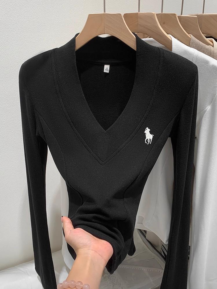 Women s Embroidered Little Horse V-neck Fleece Base Layer Shirt - Thick, Soft, Waist-Cinching, Warm, Autumn/Winter Collection M чёрный