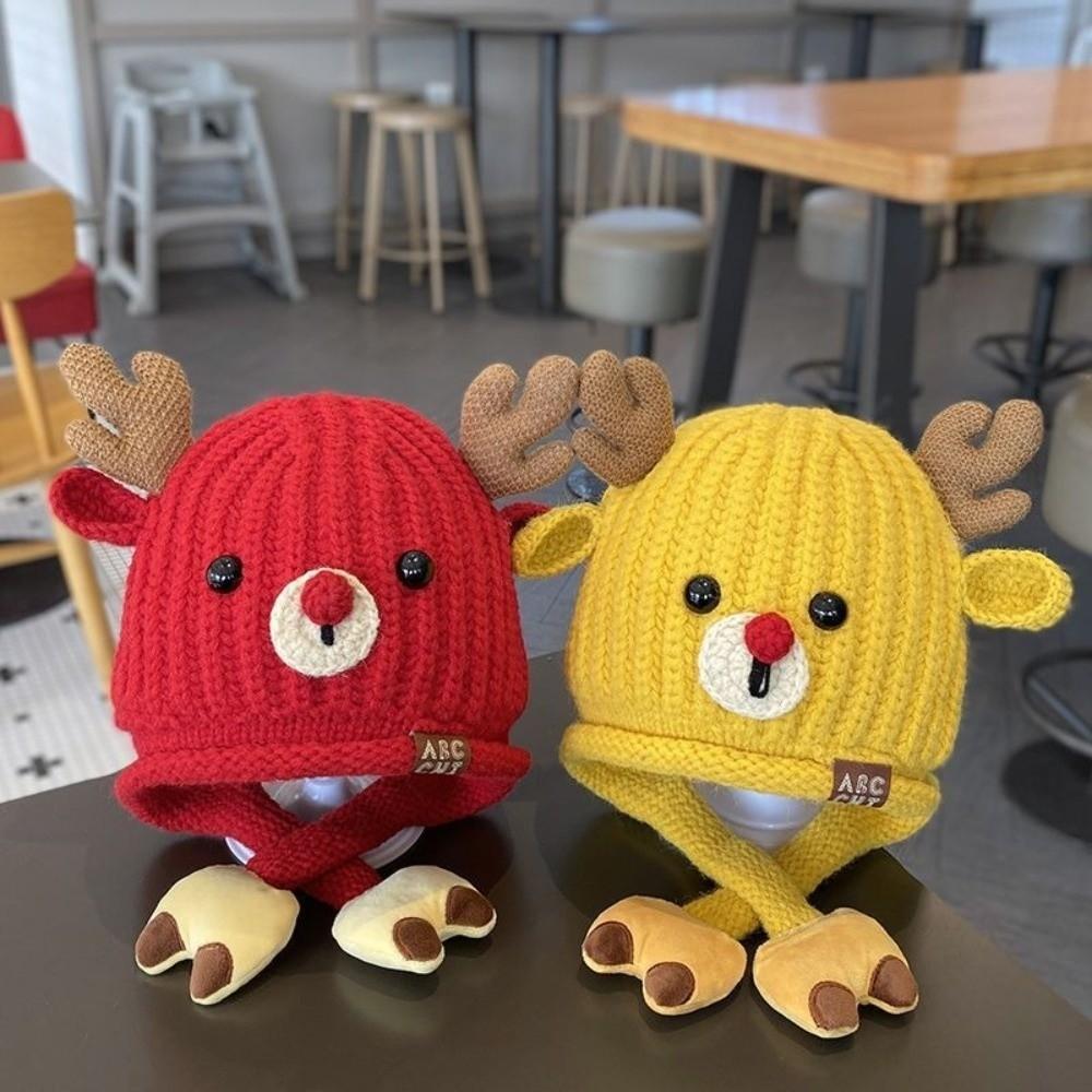 Cartoon Reindeer Pattern Ear Protection Hat Knitted Thicken Winter Warm Cap Warm Soft Kids Earmuffs Cap