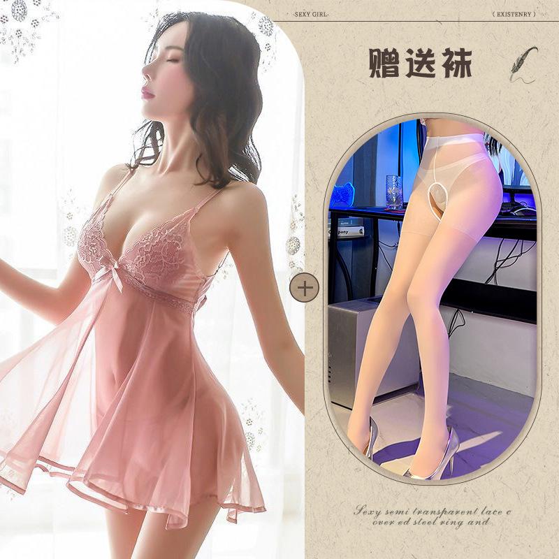 Sexy mesh pajamas erotic underwear perspective nightdress set suspender halter lace erotic loungewear
