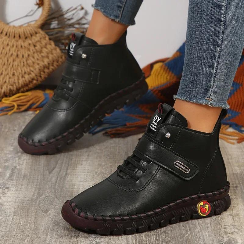 Fashion Brown PU Leather Flat Ankle Boots for Women 2024 Trend Lace Up High Top Sneakers Woman Comfy Soft Sole Casual Shoes Botas Mujer