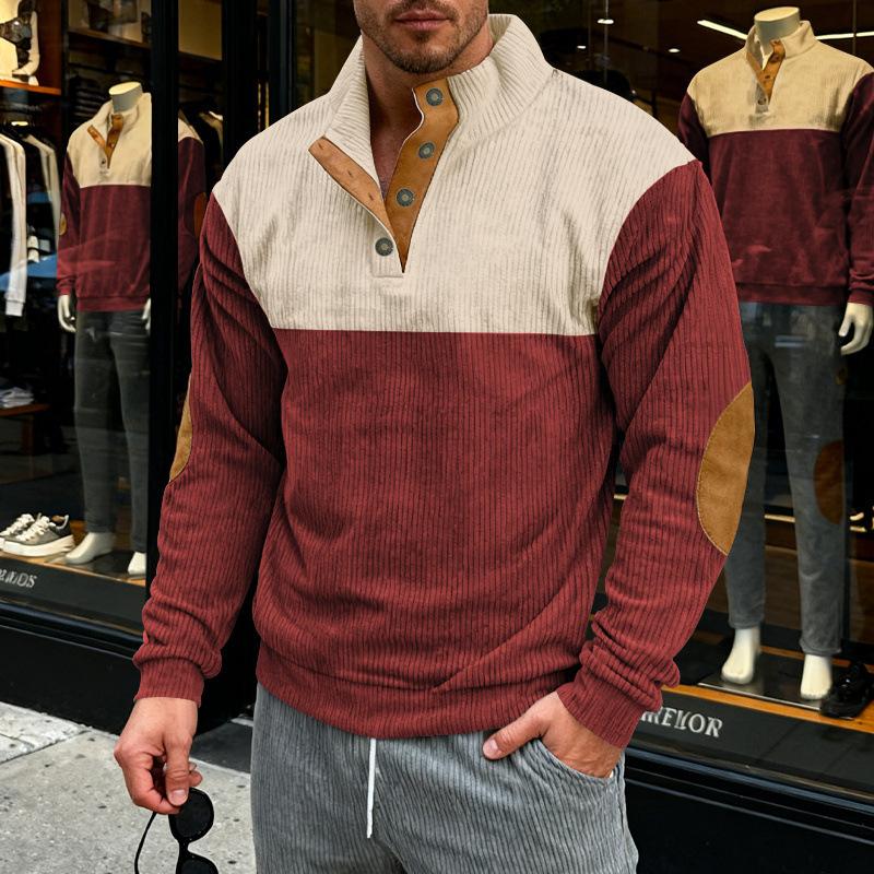 Men's Corduroy Color Block Henley Shirt Casual Button-Up Stand Collar Pullover with Elbow Patches