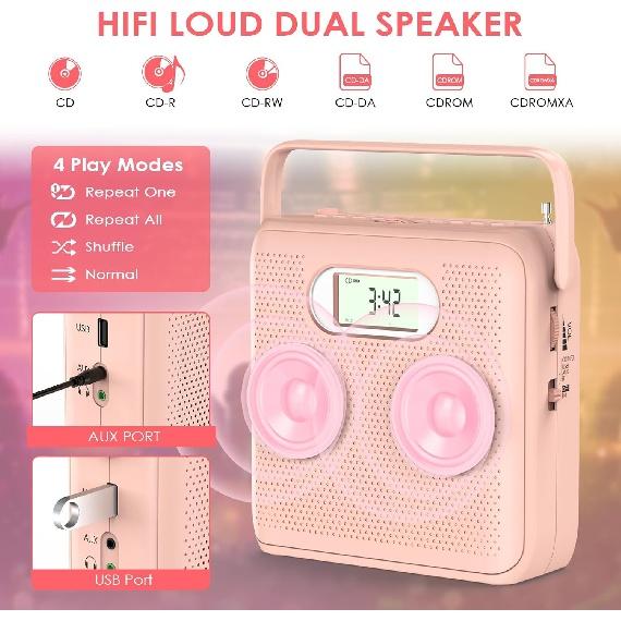 Portable CD Player with Bluetooth CD Player with Two Speakers FM Radio LCD Display CD Player Boombox USB Support AT Playback Headphone Jack