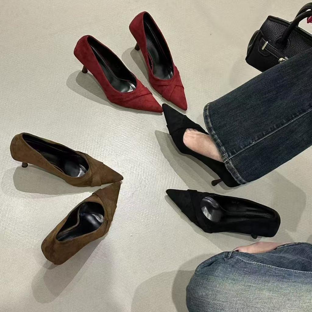 2025 autumn evening pointed suede cross strap elegant commuter banquet stiletto sexy nightclub women's shoes
