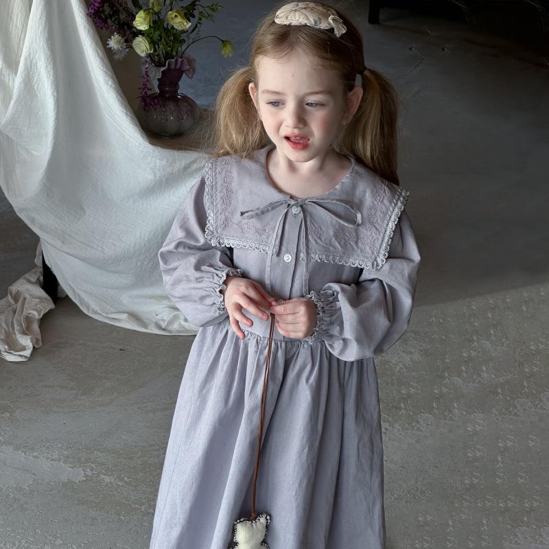 Girls' Spring Embroidered Lace Collar Long Sleeve Cotton Dress