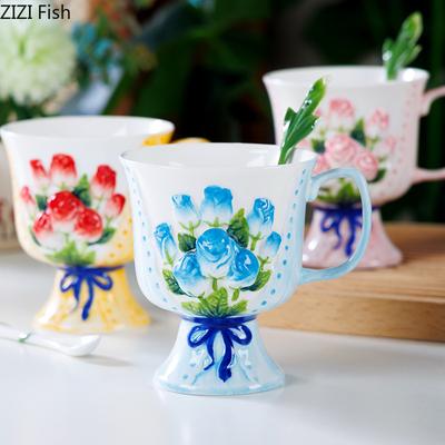 Enamel Rose Relief Cup&saucer Porcelain Coffee Mug Dining Table Flower Decorative Mugs Afternoon Tea Teacup Fruits Juice Cup